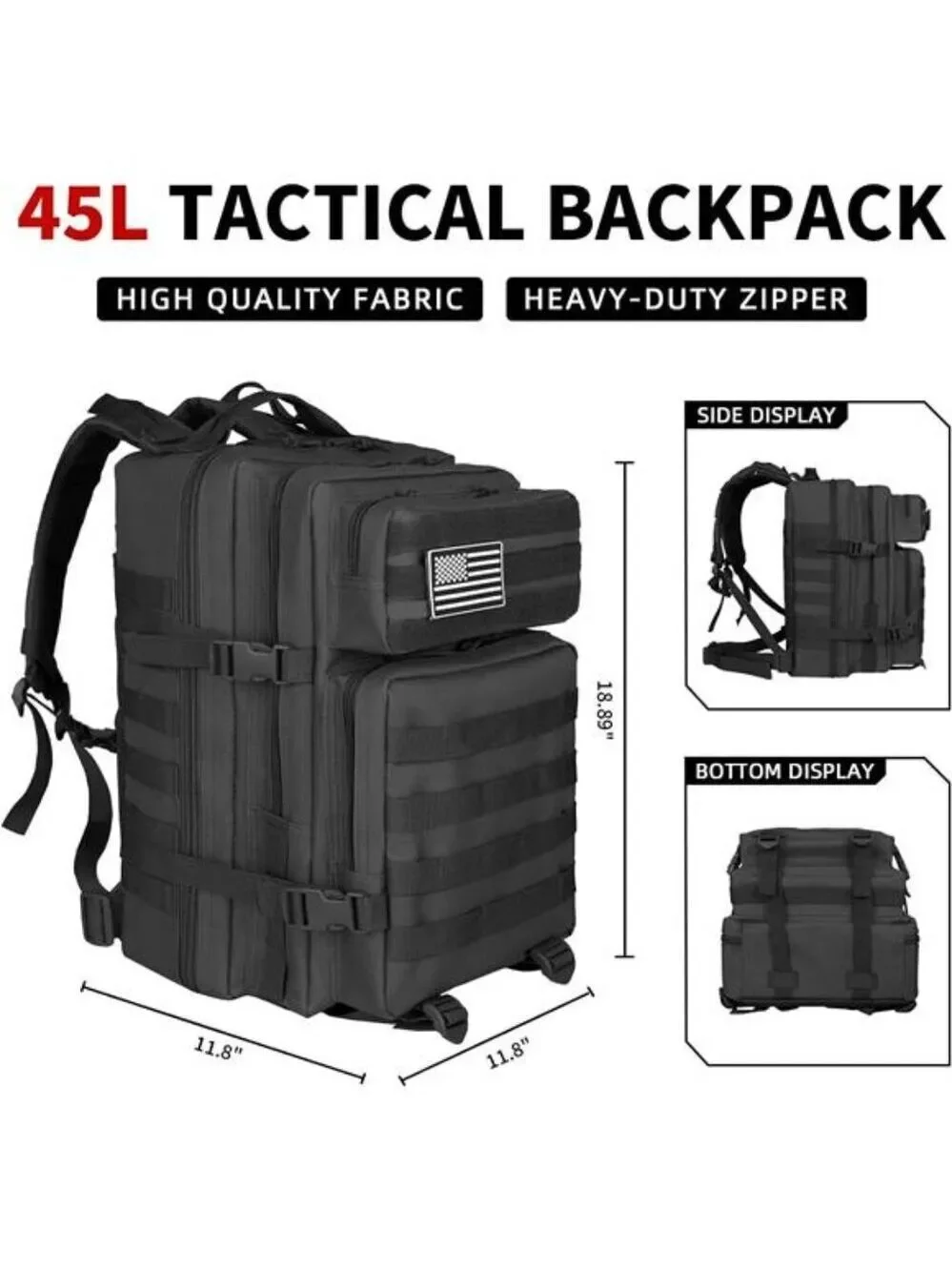 45L Tactical Backpack Molle Military Hiking Camping Bug Out Bag Black Large